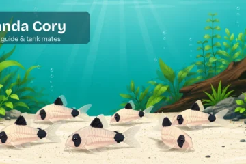 Shoal of panda corydoras with black eye, dorsal, and tail patches foraging on sand in a planted aquarium