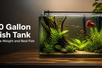 Planted 10 gallon fish tank with ember tetras and a betta on a wooden desk