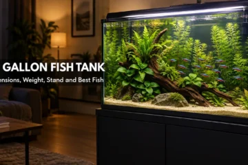 Planted 29 gallon fish tank with neon tetras on a black aquarium stand