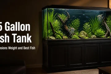 Planted 55 gallon fish tank with tetras and angelfish on a black cabinet stand