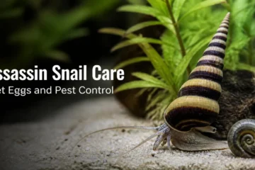 Assassin snail with yellow and brown striped shell in a planted aquarium