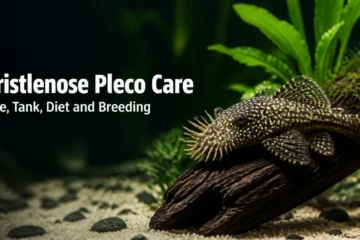 Bristlenose pleco with bristles on its snout resting on driftwood in a planted aquarium