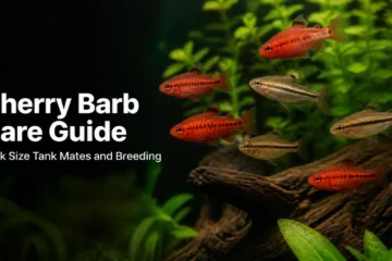 Red male and tan female cherry barbs swimming among green aquarium plants
