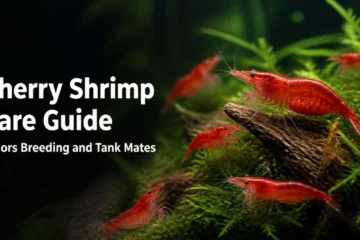 Red cherry shrimp grazing on java moss and driftwood in a planted aquarium
