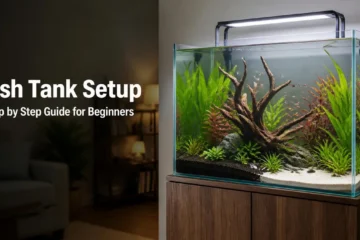 Planted freshwater fish tank setup with driftwood and live plants on a wooden stand