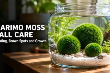 Three green marimo moss balls on white sand in a glass jar of water