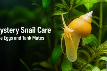 Golden mystery snail with a tall spiral shell climbing in a planted freshwater aquarium