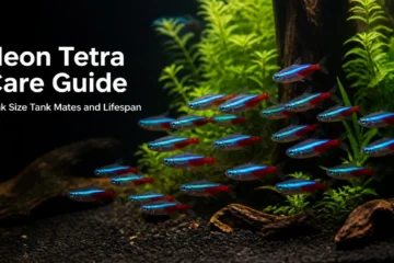 School of neon tetras with glowing blue stripes swimming in a planted aquarium