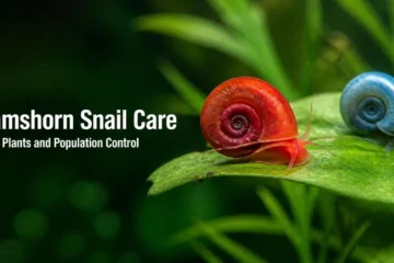 Red and blue ramshorn snails with flat coiled shells on a green aquarium plant leaf