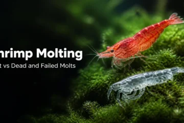 Red cherry shrimp on aquarium moss next to its clear molted shell