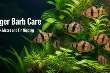 School of orange and black striped tiger barbs swimming in a green planted aquarium